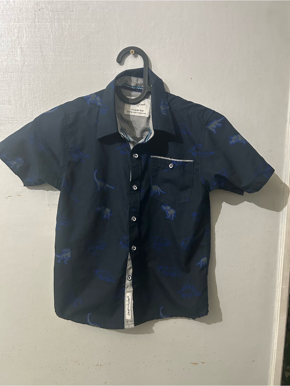 Boys Navy Short-Sleeve Button-Down Shirt with Blue Dino Print
